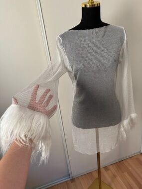 Sheer Fuzzy Cuff Long Sleeve Top in White Sparkly Fishnet